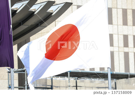 【日本の国旗】春の街並みになびく国旗 137158009