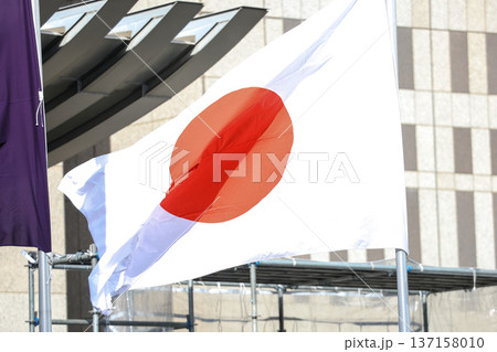 【日本の国旗】春の街並みになびく国旗 137158010