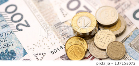 Big amount of polish zloty money banknotes and grosz coins close up. Huge pile of cash of Poland currency. Concept of business, economy and investment in Poland Big amount of polish zloty money banknotes and grosz coins close up. Huge pile of cash of Poland currency. Concept of business, economy and investment in Poland 137158072