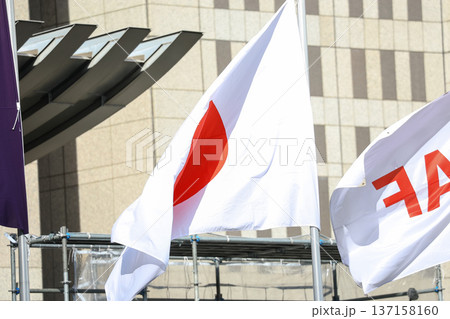 【日本の国旗】春の街並みになびく国旗 137158160