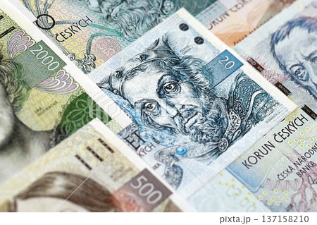 Czech koruna paper banknotes pile on table. Czech Republic CZK currency money bills in big amount. Concept of economics, taxation and banking in Czech Republic 137158210