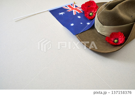 Australian flag slouch hat and red poppies honoring anzac day Australian flag slouch hat and red poppies honoring anzac day 137158376