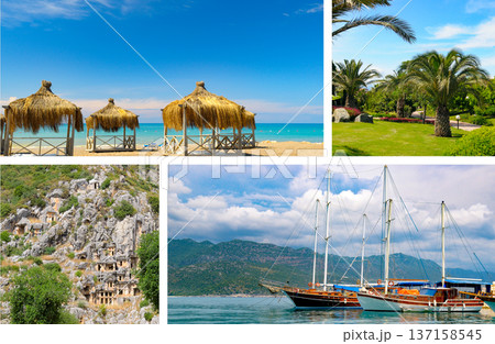 Tropical Resort Views with Palm Trees Beach Huts and Sailboats 137158545