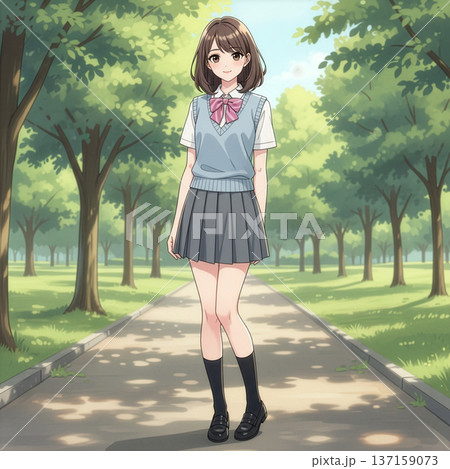 公園で桜の木の下に立つ女子高生 137159073