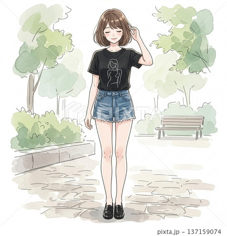 公園に立つ若い女性 137159074