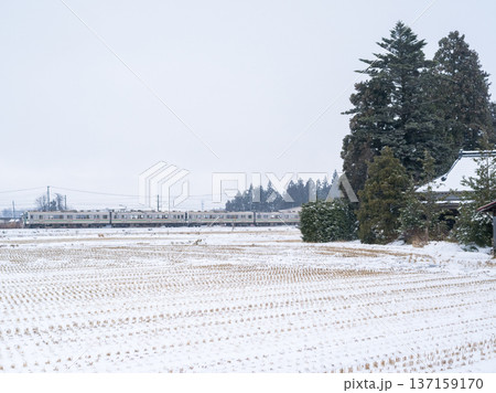 【山形線】雪原の町を駆け抜ける普通列車 137159170
