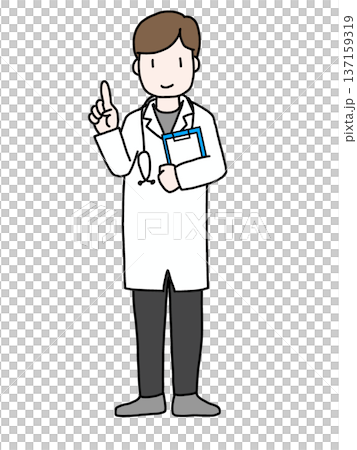 A full-body illustration of a doctor in a white coat holding a file and explaining A full-body illustration of a doctor in a white coat holding a file and explaining 137159319