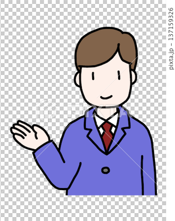 Illustration of a young man in a suit giving a guided tour 137159326