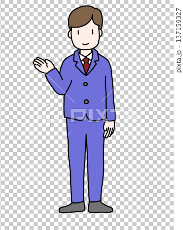 A full-body illustration of a young man in a suit giving a guided tour 137159327