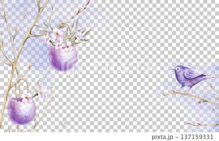 A delicate spring frame with eggshells hanging on bare branches, white flowers and a small songbird. Watercolor illustration on an isolated background. Realistic Easter decor template for holiday and 137159331