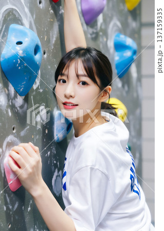 ボルダリングをする若い女性 137159335