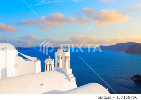 white belfries Santorini island, Greece white belfries Santorini island, Greece 137159750