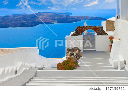 view of volcano caldera with stairs, Santorini 137159762