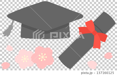 畢業帽、畢業證書和櫻花插畫套裝 137160125