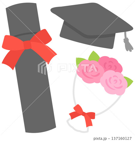 卒業式の帽子と卒業証書と花束のイラストセット 137160127