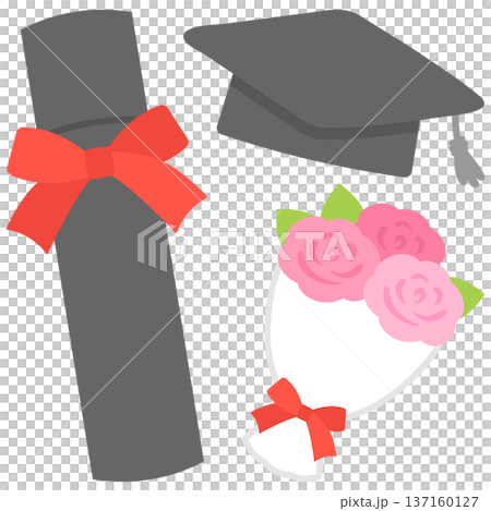 卒業式の帽子と卒業証書と花束のイラストセット 137160127