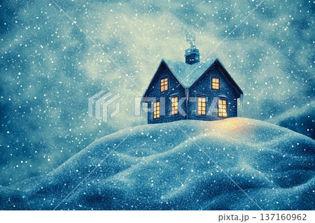 Lonely house stands on a hill under swirling snow at night Lonely house stands on a hill under swirling snow at night 137160962