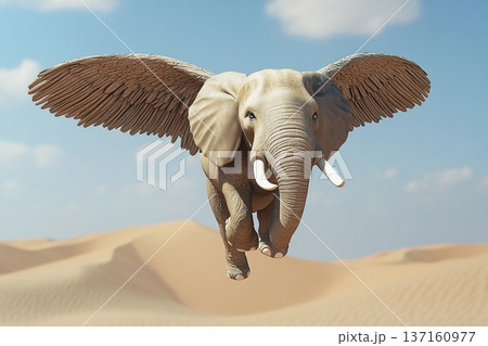 Elephant with wings soaring above a vast, golden desert landscape in bright sunlight Elephant with wings soaring above a vast, golden desert landscape in bright sunlight 137160977