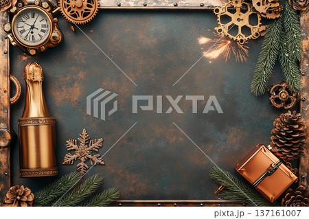 Intricate steampunk postcard design featuring clocks, gears, and winter motifs in a creative layout Intricate steampunk postcard design featuring clocks, gears, and winter motifs in a creative layout 137161007