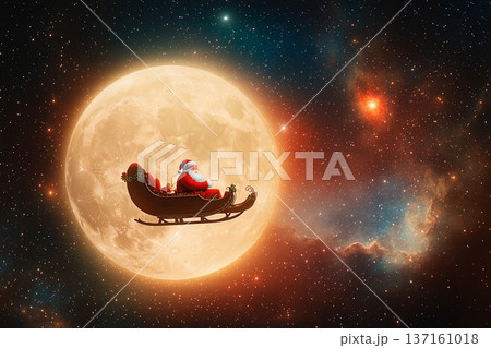Santa's cosmic sleigh passing through a starry sky beneath a shining moon Santa's cosmic sleigh passing through a starry sky beneath a shining moon 137161018