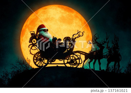 Steampunk Santa riding a mechanical sleigh pulled by clockwork reindeer under a full moon 137161021