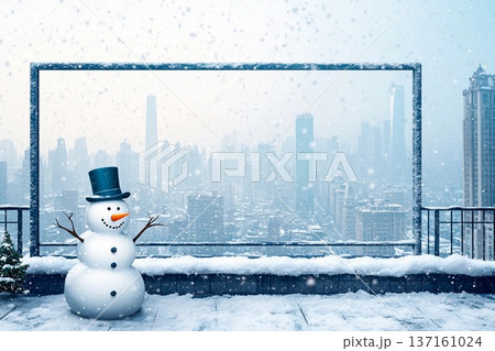 Snowman stands proudly on rooftop terrace overlooking a bustling winter cityscape 137161024