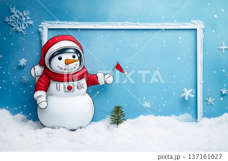 Snowman astronaut on the moon with snowy scenery and playful lunar details 137161027