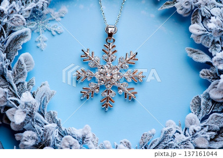 Diamond studded snowflake charm elegantly displayed in a winter wonderland setting Diamond studded snowflake charm elegantly displayed in a winter wonderland setting 137161044