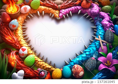 Multicolor heart-shaped frame featuring a mythical dragon and vibrant eggs in a magical garden setting Multicolor heart-shaped frame featuring a mythical dragon and vibrant eggs in a magical garden setting 137161045