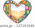 Colorful heart-shaped frame with a desert oasis and decorative elements in a sunny landscape 137161046