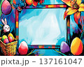 Retro pixel multicolor square frame surrounded by vibrant flowers and butterflies in a sunny outdoor setting 137161047