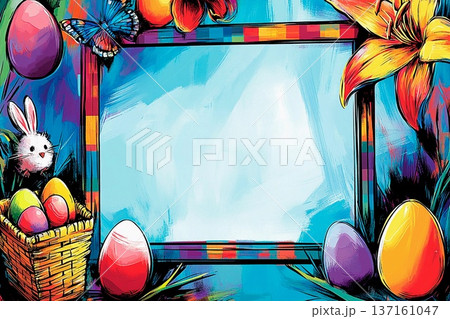 Retro pixel multicolor square frame surrounded by vibrant flowers and butterflies in a sunny outdoor setting Retro pixel multicolor square frame surrounded by vibrant flowers and butterflies in a sunny outdoor setting 137161047