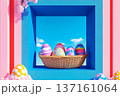 Colorful eggs nest in baskets under the warm glow of a setting sun surrounded by blooming flowers 137161064