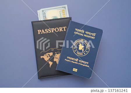 Bangladeshi passport with US dollar banknotes in leather cover on gray background, travel and immigration finance concept Bangladeshi passport with US dollar banknotes in leather cover on gray background, travel and immigration finance concept 137161241