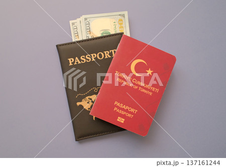 Republic of Turkiye passport with US dollar banknotes in leather cover on gray background, travel and immigration finance concept Republic of Turkiye passport with US dollar banknotes in leather cover on gray background, travel and immigration finance concept 137161244