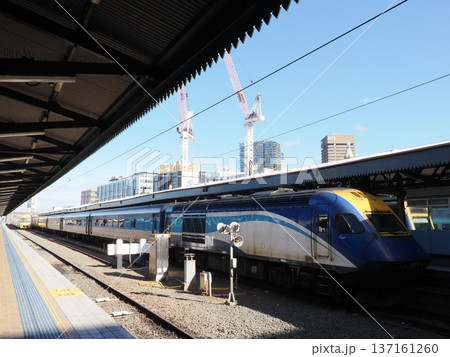 都市を駆け抜ける青と黄の列車 ― 駅ホームに広がる近未来感 137161260