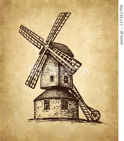Old post mill. Hand drawn ink sketch. 137161709