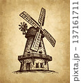 Old windmill. Hand-drawn ink sketch. 137161711