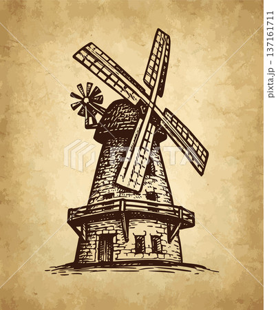 Old windmill. Hand-drawn ink sketch. 137161711
