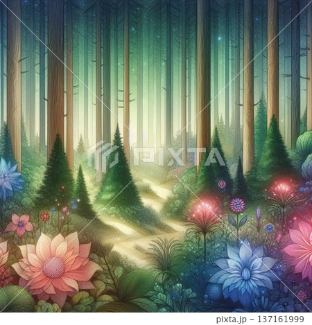 夜の森神秘的な光花々水彩画イラスト。 137161999