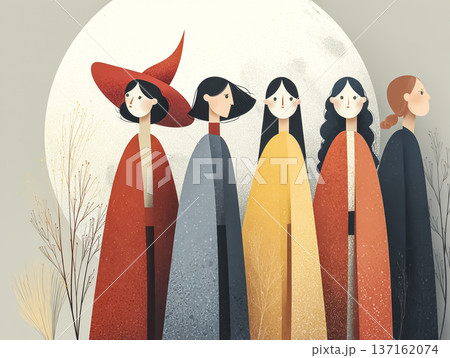 満月の前に並ぶ魔女の少女たち|フラットファンタジーイラスト 満月の前に並ぶ魔女の少女たち|フラットファンタジーイラスト 137162074