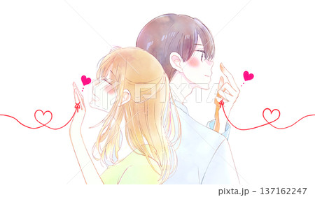運命の赤い糸を結んだ背中合わせの男女　笑顔　バストアップ　シームレス 137162247