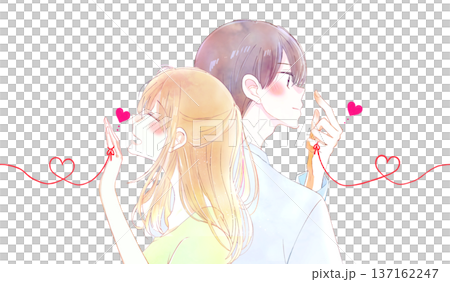 運命の赤い糸を結んだ背中合わせの男女　笑顔　バストアップ　シームレス 137162247