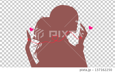 一男一女背靠背站立，由一條紅線相連，構成剪影。 137162250