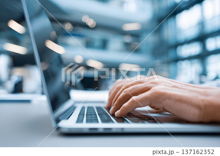 Close up of hands typing on a laptop keyboard with a blurred background of a modern office Close up of hands typing on a laptop keyboard with a blurred background of a modern office 137162352