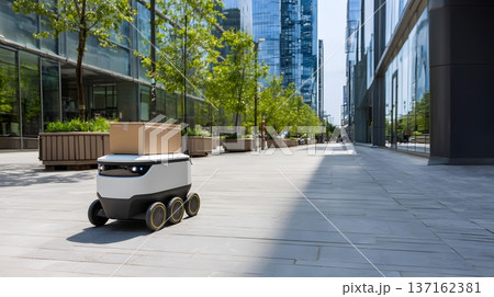 Automated delivery robot carrying a parcel on a clean city sidewalk near office buildings 137162381