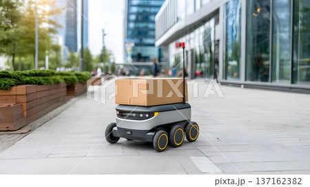 Automated delivery robot carrying a parcel on a clean city sidewalk near office buildings Automated delivery robot carrying a parcel on a clean city sidewalk near office buildings 137162382