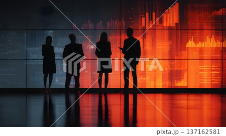 Business strategy meeting with advanced AI assistant standing beside interactive data wall dramatic executive atmosphere Business strategy meeting with advanced AI assistant standing beside interactive data wall dramatic executive atmosphere 137162581