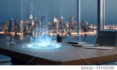 Smart chatbot hologram hovering above sleek executive desk city skyline twilight background premium cinematic realism Smart chatbot hologram hovering above sleek executive desk city skyline twilight background premium cinematic realism 137162588
