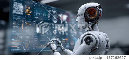 Futuristic automation concept robot standing in digital command center layered dashboard visuals 137162627